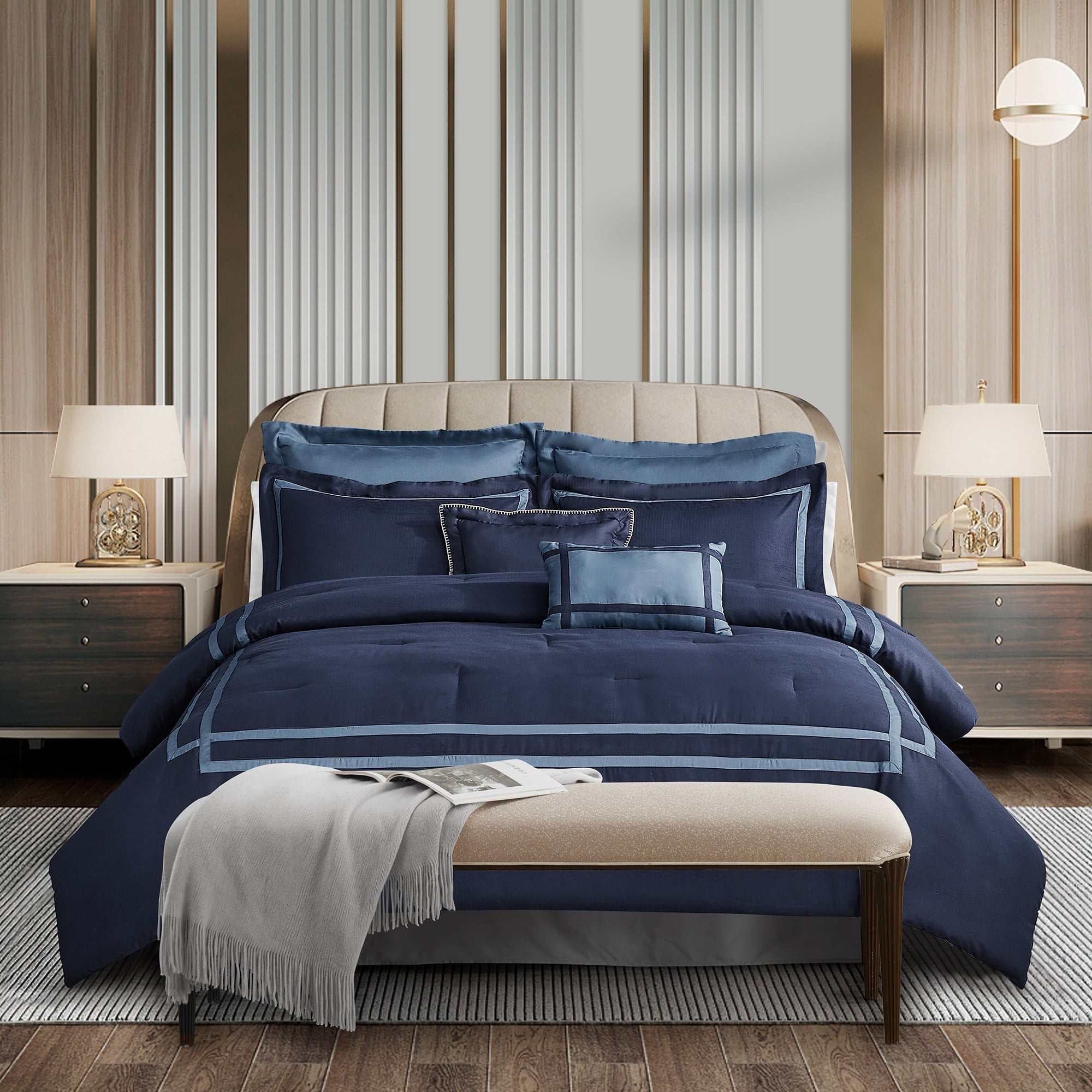 Navy Herringbone Polyester Queen Comforter Set with Decorative Pillows