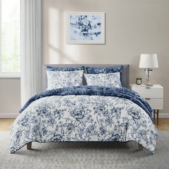 Beaute Living Wonderful Sophia 5-Piece Floral Pattern Comforter Set 21054 Blue & White/7 Piece - Queen