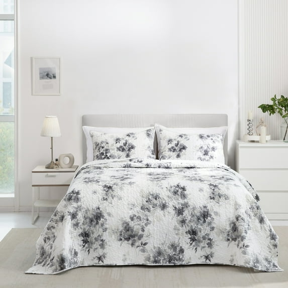 Beaute Living Wonderful Sophia Lightweight Floral Quilt Set 22027 White & Grey - King