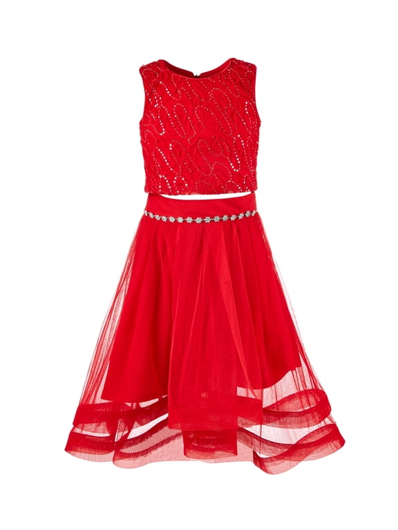 Big Girls 2 Pc. Embellished Soutache Top Skirt Set Bright Red 16
