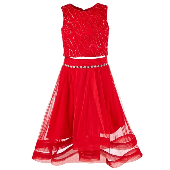 Beautees Big Girls 2 Pc. Embellished Soutache Top Skirt Set Bright Red 16