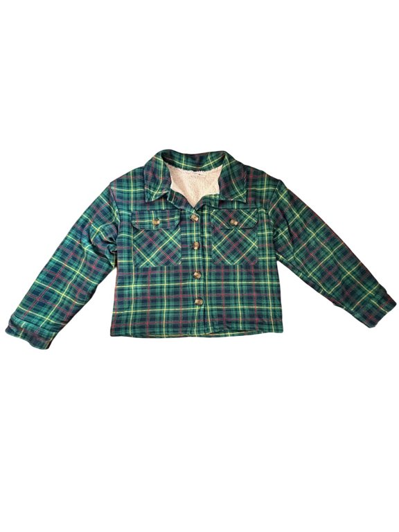 Big Girls Green Plaid Jacket w/Faux Fur size Medium (10/12)