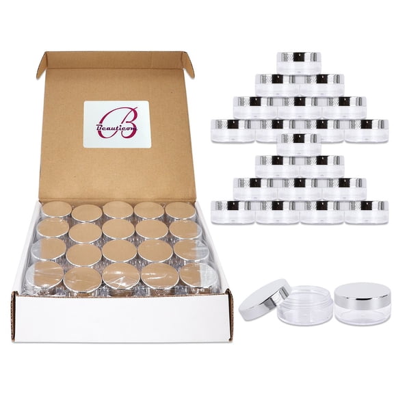 Beauticom 10 Grams/10 ML (0.35 Oz) Premium Round Clear Body Leak Proof Plastic Container Jars with Silver Lids - Storage Cosmetic Lotion Creams Ointments (20 Pieces Jars + Lids, Silver)