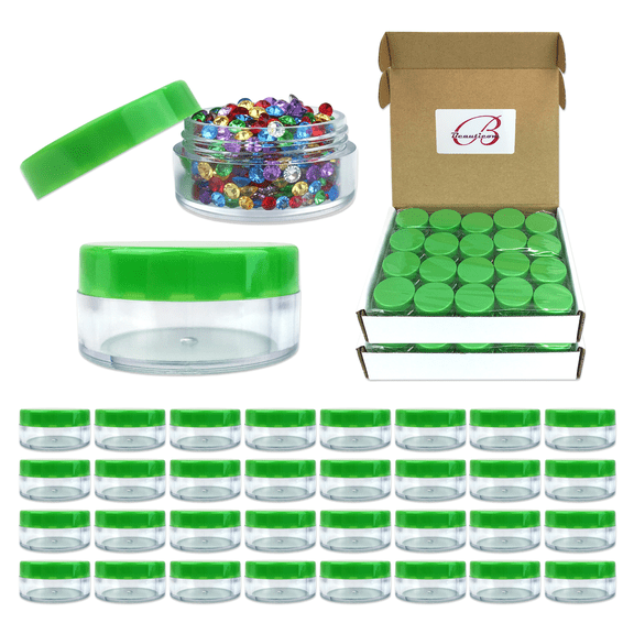 Beauticom 100 Pieces High Quality 10 Gram 10 ml (0.3 oz) Plastic Clear Round Cream Lotion Beauty Sample Jars with Green Lids