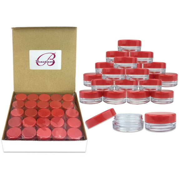 Beauticom 100 Pieces High Quality 3 Gram 3 ml (0.1 oz) Plastic Round Cosmetic Beauty Makeup Sample Jars (Red Lid)