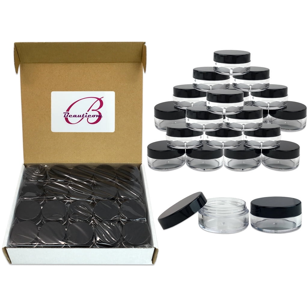 Beauticom 1000 Pieces High Quality 10 Gram 10 ml (0.3 oz) Plastic Clear Round Cream Lotion Beauty Sample Jars (Black Lids)