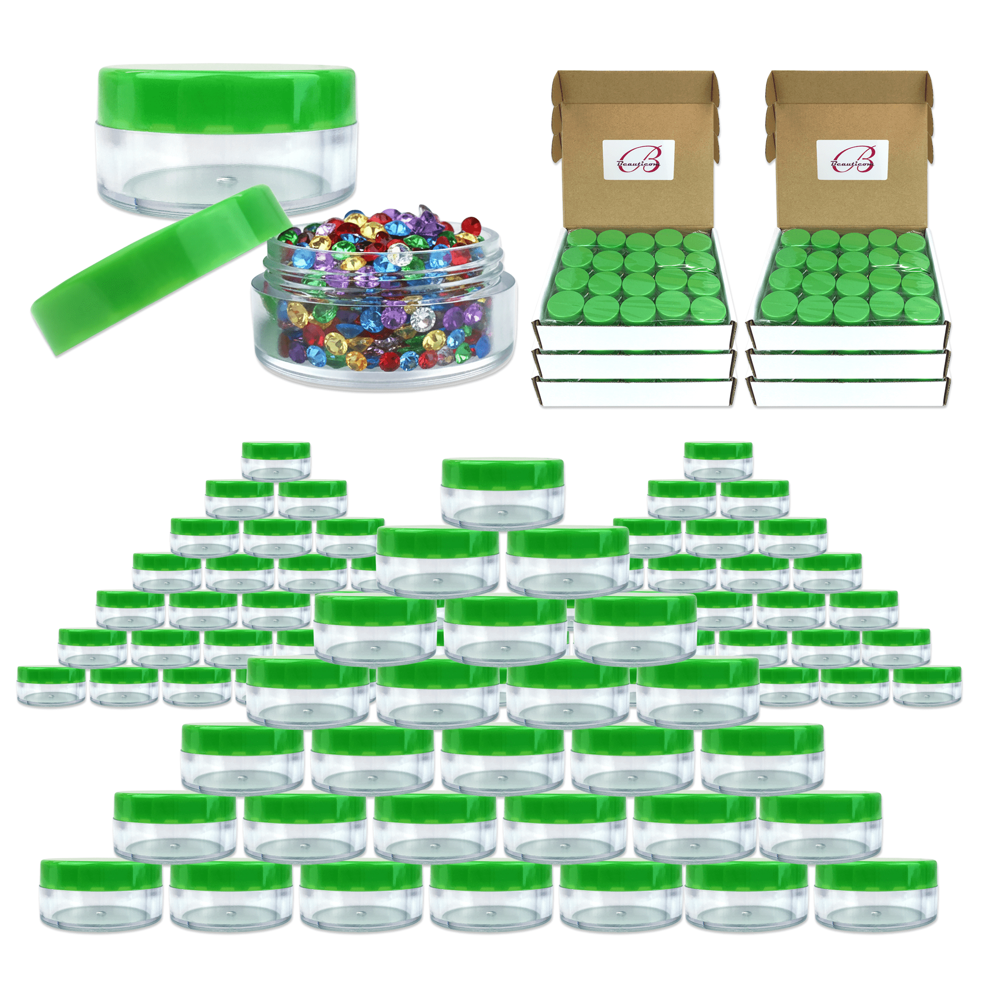 Beauticom 1000 Pieces High Quality 10 Gram 10 ml (0.3 oz) Plastic Clear Round Cream Lotion Beauty Sample Jars with Green Lids
