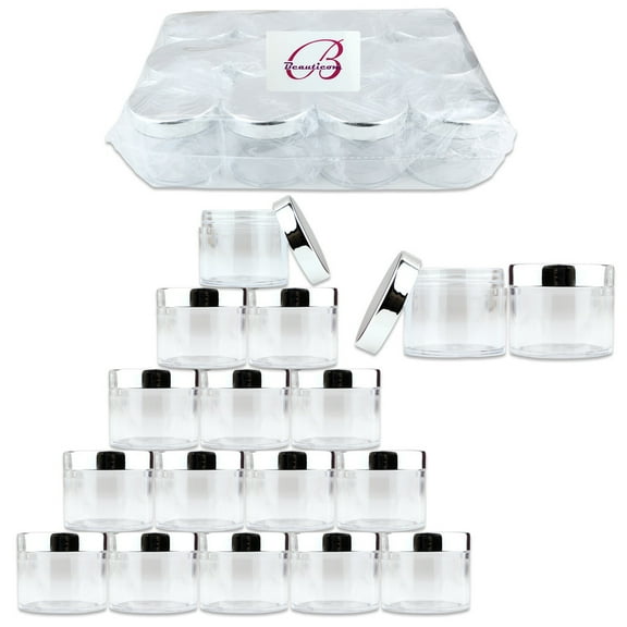Beauticom 12 Jars High Quality 60 Gram/ML 2 Oz Thick Acrylic Sample Container Jars - BPA Free (Silver)