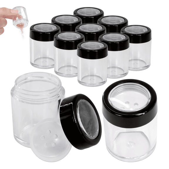 Beauticom 12 Pieces High Quality 10 Gram 0.3 Ounces Clear Cylinder Makeup Cosmetic Powder Sifter Travel Jar Container with Black Lid