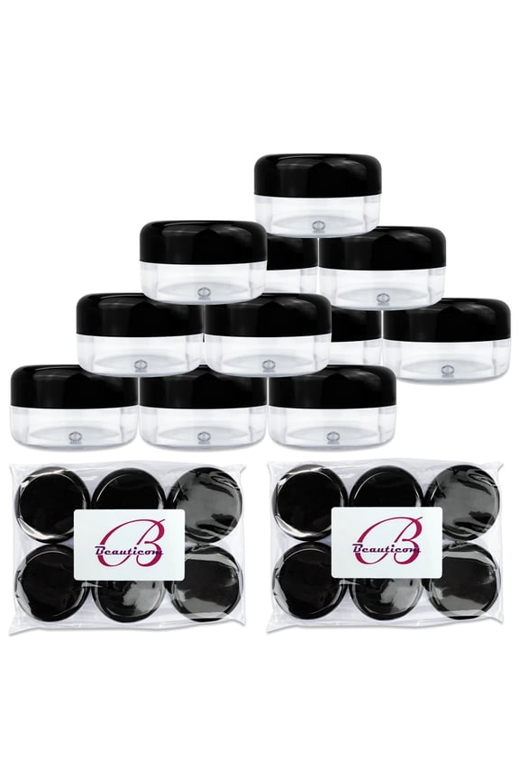 12 Pieces High Quality 15 Gram 15 ml (0.5 oz) Clear Round Plastic Makeup Cosmetic Travel Sample Jars with Black Lids
