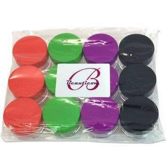 Beauticom 12 Pieces High Quality 20 Gram 20 ml (0.7 oz) Round Acrylic Cosmetic Product Sample Travel Jars with Red, Green, Black and Purple Lids