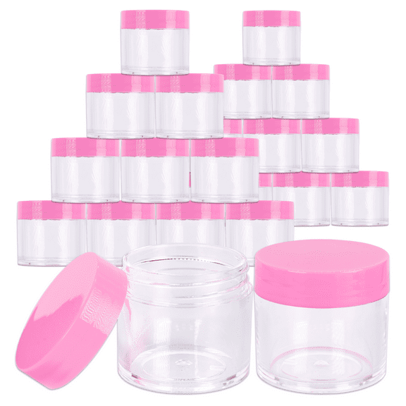 Beauticom 24 Pieces High Quality 30 Gram 30 ml (1 oz) Clear Round Acrylic Cosmetic Product Sample Travel Jars (Pink Lids)