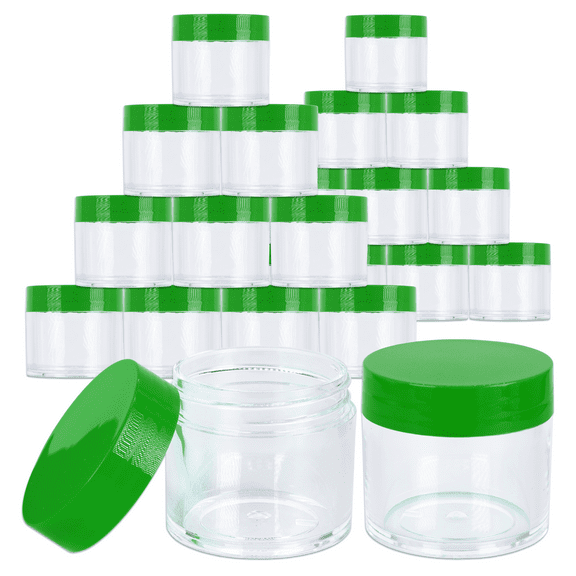 Beauticom 24 Pieces High Quality 30 Gram 30 ml (1 oz) Round Acrylic Makeup Product Sample Travel Jars with Flat Green Lids
