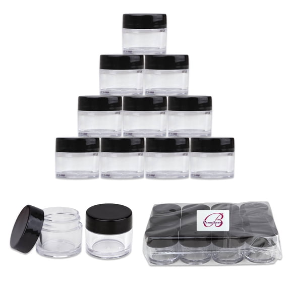 Beauticom 24pcs 7 Gram 7 ml Round High Quality Acrylic Clear Sample Leak Proof Container Jars with Black Lids- Organize Herbs Spices Loose Leaf Tea Coffee