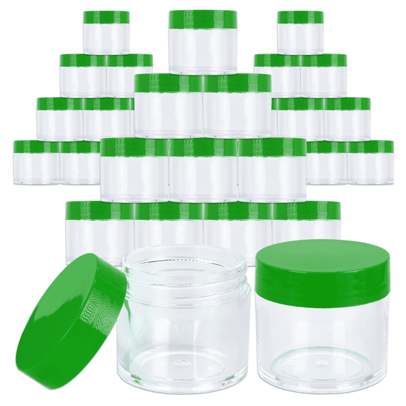 Beauticom 30 Pieces High Quality 30 Gram 30 ml (1 oz) Round Acrylic Makeup Product Sample Travel Jars with Flat Green Lids