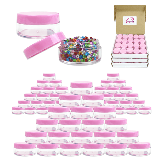 Beauticom 300 Pieces High Quality 10 Gram 10 ml (0.3 oz) Plastic Clear Round Cream Lotion Beauty Sample Jars (Pink Lids)