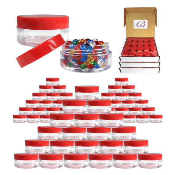 Beauticom 300 Pieces High Quality 10 Gram 10 ml (0.3 oz) Plastic Clear Round Cream Lotion Beauty Sample Jars (Red Lids)