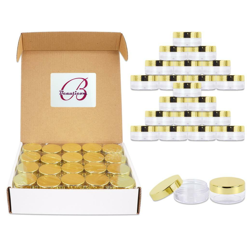 Beauticom 40 Pieces High Quality 10 Gram 10 ml (0.3 oz) Plastic Clear Round Cream Lotion Beauty Sample Jars (Gold Lids)