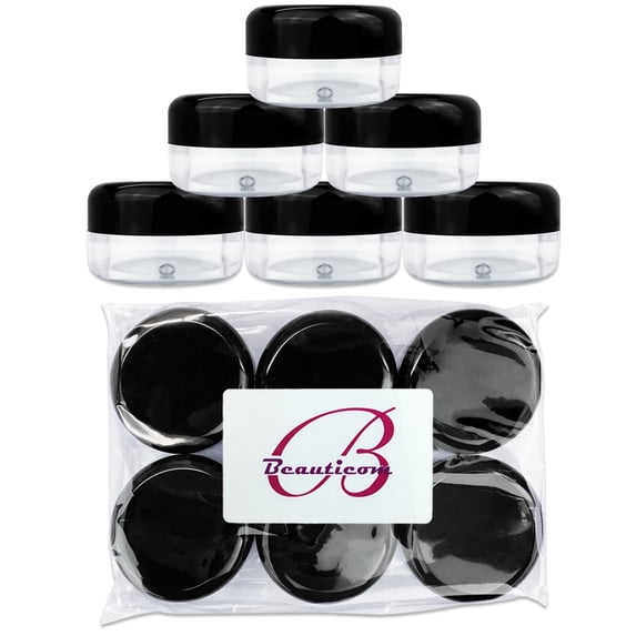 Beauticom 48 Pieces High Quality 15 Gram 15 ml (0.5 oz) Clear Round Plastic Makeup Cosmetic Travel Sample Jars (Black Lids)