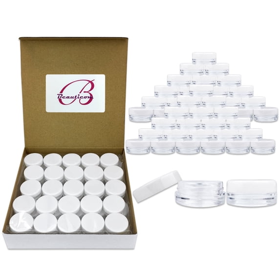 Beauticom 50 Pieces High Quality 3 Gram 3 ml (0.1 oz) Plastic Round Cosmetic Beauty Makeup Sample Jars (White Lid)