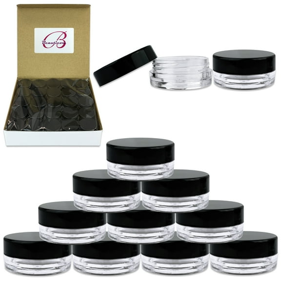 Beauticom 50 Pieces High Quality 3 Gram 3 ml (0.1 oz) Plastic Round Cosmetic Beauty Makeup Sample Jars with Black Lids