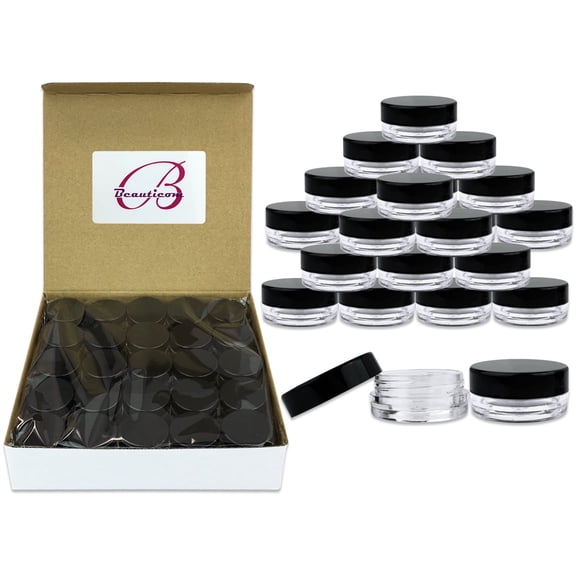 Beauticom 50 Pieces High Quality 3 Gram 3 ml (0.1 oz) Plastic Round Cosmetic Beauty Makeup Sample Jars with Black Lids