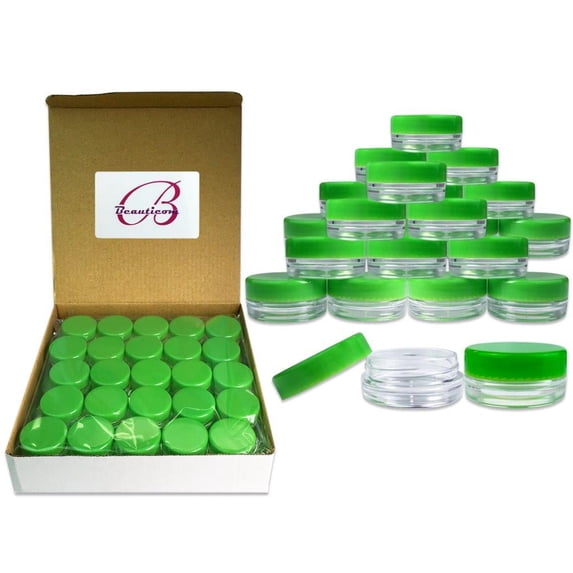 Beauticom 50 Pieces High Quality 3 Gram 3 ml (0.1 oz) Plastic Round Cosmetic Beauty Makeup Sample Jars with Green Lids