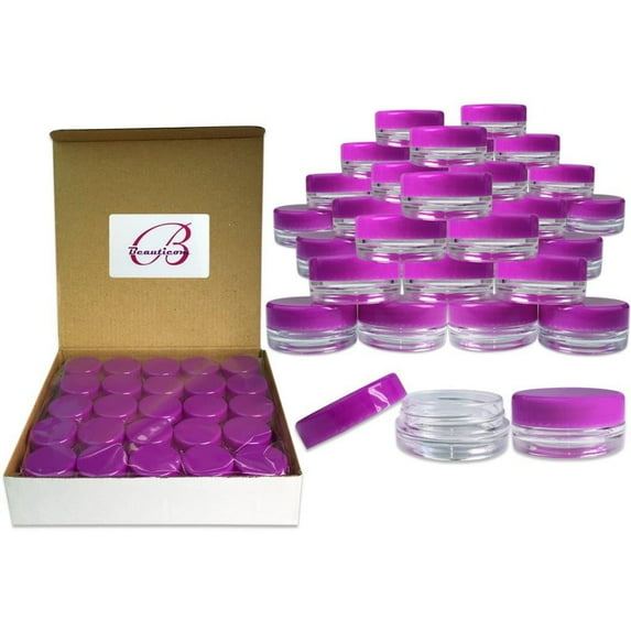 Beauticom 50 Pieces High Quality 3 Gram 3 ml (0.1 oz) Plastic Round Cosmetic Beauty Makeup Sample Jars with Purple Lids