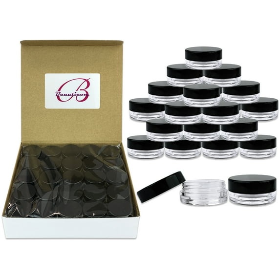 Beauticom 500 Pieces High Quality 3 Gram 3 ml (0.1 oz) Plastic Round Cosmetic Beauty Makeup Sample Jars with Black Lids