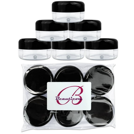 Beauticom 6 Pieces High Quality 15 Gram 15 ml (0.5 oz) Clear Round Plastic Makeup Cosmetic Travel Sample Jars - Black Lids