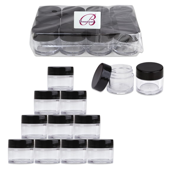Beauticom 60 Pieces Thick High Quality 7 Gram 7 ml Round Acrylic Leak Proof Cosmetic Sample Travel Jars (Black Lid)