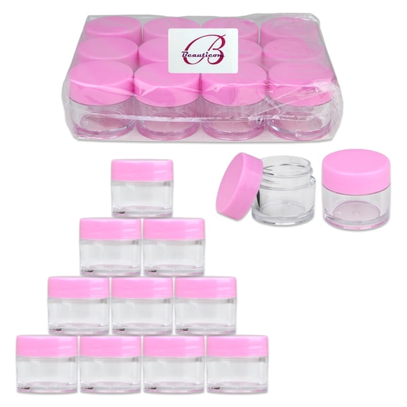 Beauticom 60 Pieces Thick High Quality 7 Gram 7 ml Round Acrylic Leak Proof Cosmetic Sample Travel Jars (Pink Lid)