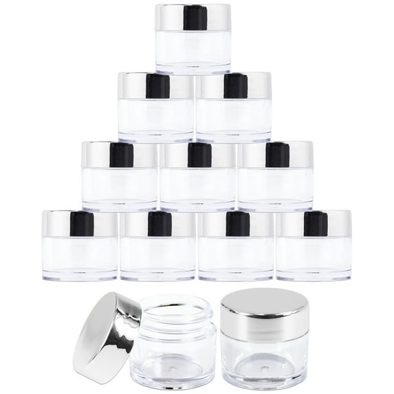 Beauticom 7g/7ml (0.23 Fl Oz) Thick Double Wall Leak-Proof Clear Plastic Jars with Flat Top Lids for Creams, Lotions, Powders, Glitters, and more... (Color: Metallic Silver, Quantity: 72pcs)