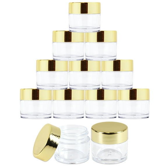 Beauticom 7g/7ml (0.23 Fl Oz) Thick Double Wall Leak-Proof Round Clear Plastic Jars with Flat Top Lids for Creams, Lotions, Powders, Glitters, and more... (Color: Metallic Gold, Quantity: 1440 Pieces)