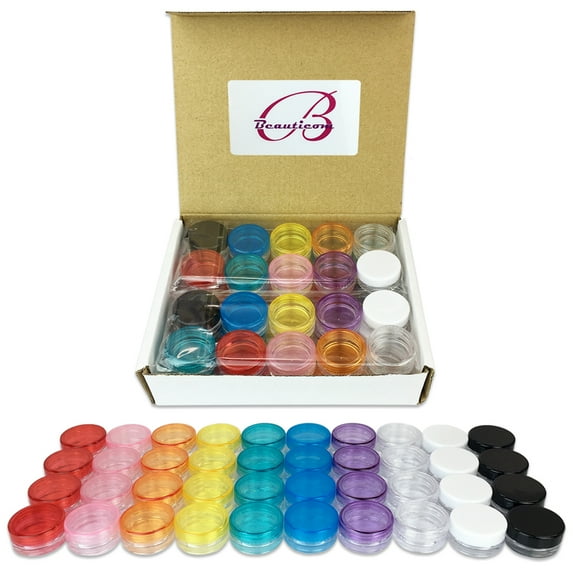 Beauticom 80 Pieces High Quality 3 Gram 3 ml (0.1 oz) Plastic Round Cosmetic Beauty Makeup Sample Jars (Assorted Color Lids)