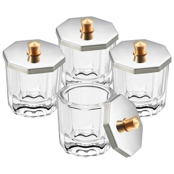 Beauticom Acrylic Liquid Powder Dappen Dish Glass Crystal Cup with Stainless Steel Metal Lid -Glassware Tool For Nail Art - (1 Box, 4 Pieces )