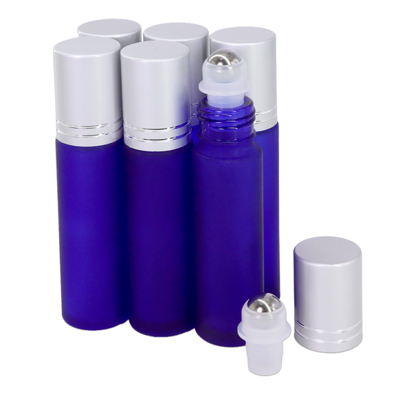 Beauticom High Quality 10 ml 1/3 oz Frosted Blue Glass Stainless Steel Roller Bottles with Frosted Silver Metal Caps, 6 Bottles Pack