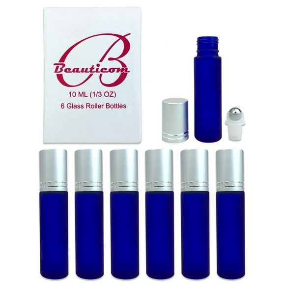 Beauticom High Quality 10 ml 1/3 oz Frosted Blue Glass Stainless Steel Roller Bottles with Frosted Silver Metal Caps, 6 Bottles Pack