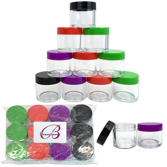 Beauticom 12 Pieces High Quality 30 Gram 30 ml (1 oz) Round Acrylic Makeup Product Sample Travel Jars with Red, Green, Purple and Black Lids