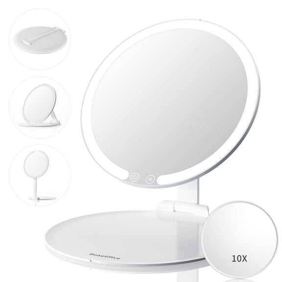 Beautifive 10X/1X LED Travel Lighted Makeup Mirror with Hall Sensor, 3 Colors Light Modes Portable Mirror with Light