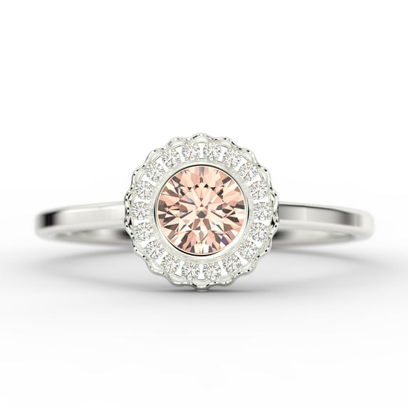 Beautiful 1.10 Carat Round Cut Antique Morganite And Diamond Moissanite Engagement Ring, Floral Halo Wedding Ring In Silver With 18K White Gold Plating, Gift For Her, Promise Ring, Anniversary Gift