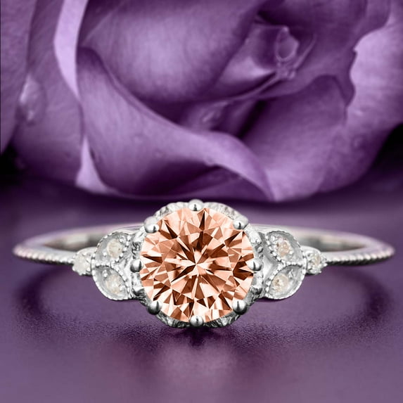 Beautiful 1.25 Carat Round Cut Morganite And Diamond Moissanite Floral Engagement Ring, Antique Wedding Ring in 10k Solid White Gold, Gift For Her In Festival Time, Promise Ring, Anniversary Ring