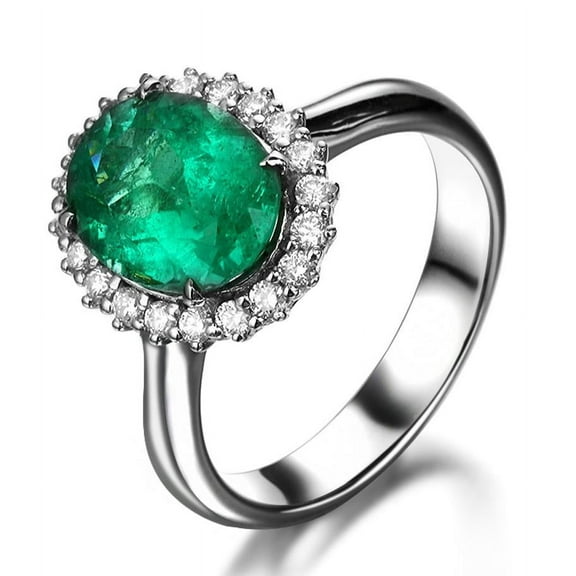 Beautiful 1.50 Carat Green Emerald 8x6mm Oval Shape And Moissanite Diamond Halo Engagement Ring in 10k White Gold