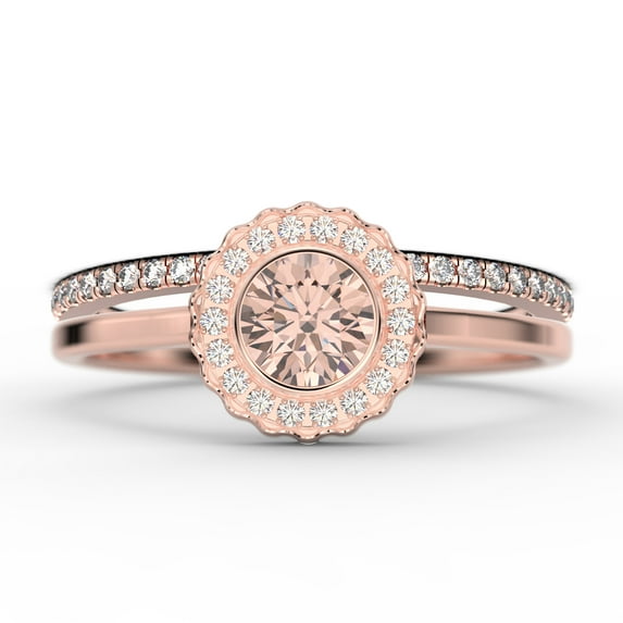 Beautiful 1.60 Carat Round Cut Morganite And Diamond Moissanite Engagement Ring, Floral Halo Wedding Ring, One Matching Band in 18k Rose Gold Plating, Bridal Rings, Gift For Her,Promise Ring
