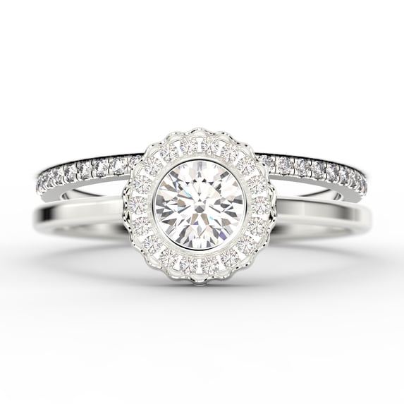 Beautiful 1.60 Carat Round Diamond Moissanite Engagement Ring, Floral Halo Wedding Ring, One Matching Band in 18k White Gold Plating, Bridal Rings, Gift For Her, Promise Ring