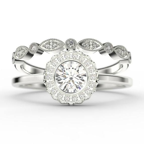 Beautiful 1.60 Carat Round Diamond Moissanite Engagement Ring, Floral Halo Wedding Ring, One Matching Band in 18k White Gold Plating, Bridal Rings, Gift For Her, Promise Ring