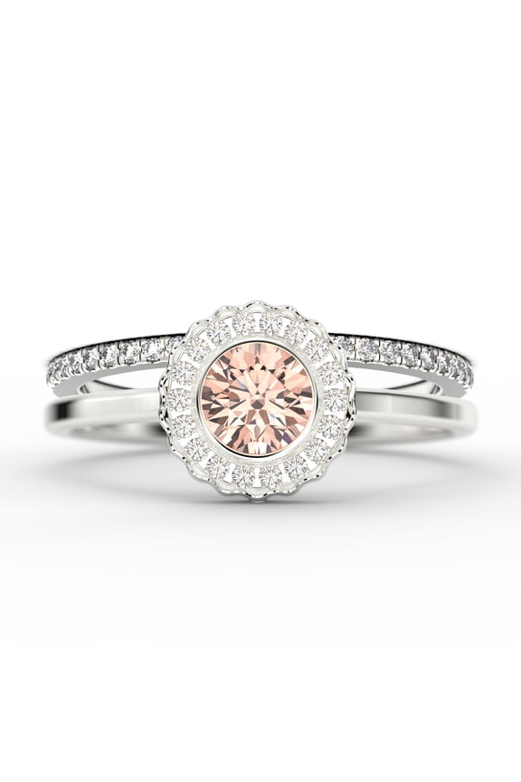 Beautiful 1.60 Carat Round Morganite And Diamond Moissanite Engagement Ring, Floral Halo Wedding Ring, One Matching Band in 18k White Gold Plating, Bridal Rings, Gift For Her, Promise Ring