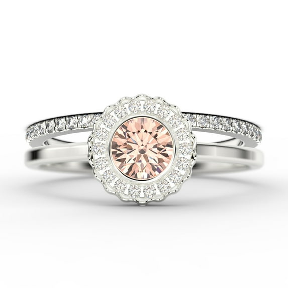Beautiful 1.60 Carat Round Morganite And Diamond Moissanite Engagement Ring, Floral Halo Wedding Ring, One Matching Band in 18k White Gold Plating, Bridal Rings, Gift For Her, Promise Ring