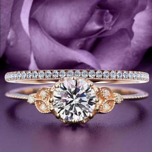 Beautiful 1.75 Carat Round Cut Diamond Moissanite Floral Engagement Ring, Antique Wedding Ring, One Matching Band in 925 Sterling Silver With 18k Rose Gold Plating, Gift For Her In Festival Time
