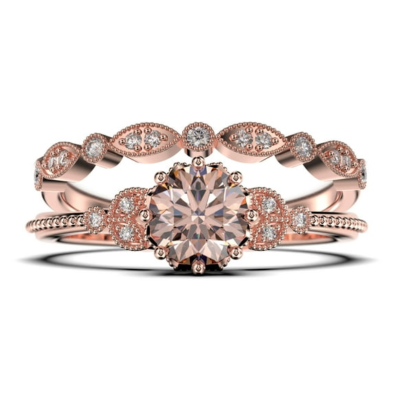 Beautiful 1.75 Carat Round Cut Morganite And Diamond Moissanite Floral Engagement Ring, Antique Wedding Ring, One Matching Band in 10k Solid Rose Gold, Gift For Her In Festival Time, Promise Ring